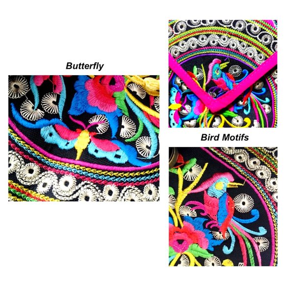 Embroidery Black Backpack Red Blue Boho Geometric Shapes FloralBird Shoulder Bag - Picture 8 of 12